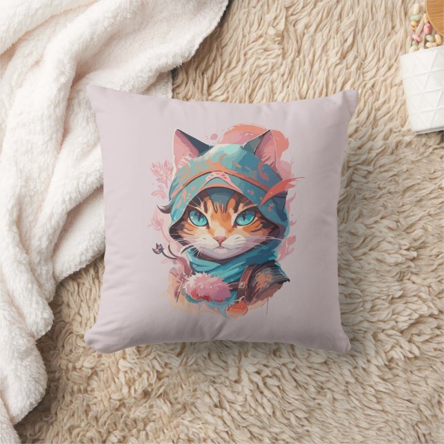 Waterverf Schattige Hooded Ninja Cat Kussen (Deken)