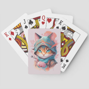 Waterverf Schattige Hooded Ninja Cat Pokerkaarten