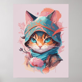 Waterverf Schattige Hooded Ninja Cat Poster