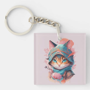 Waterverf Schattige Hooded Ninja Cat Sleutelhanger