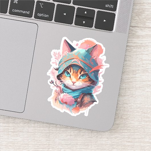 Waterverf Schattige Hooded Ninja Cat Sticker (Detail)