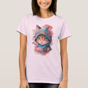 Waterverf Schattige Hooded Ninja Cat T-shirt