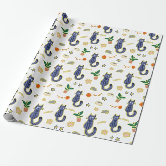 Waterverf Schattige kattenpatroon Cadeaupapier (Uitgerold)