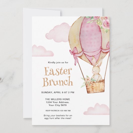 Waterverf Schattige konijn met ballon paasbrunch Kaart (Voorkant)