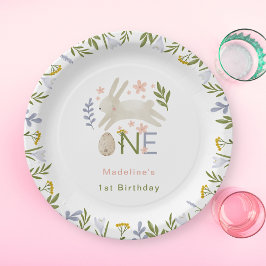 Waterverf Schattige Konijnenmeisje 1e Verjaardag Papieren Bordje