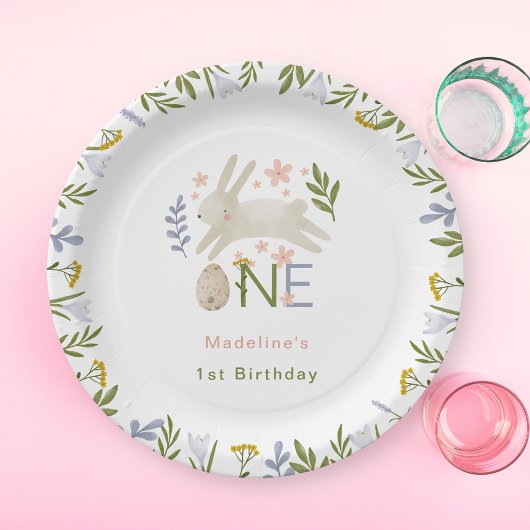 Waterverf Schattige Konijnenmeisje 1e Verjaardag Papieren Bordje