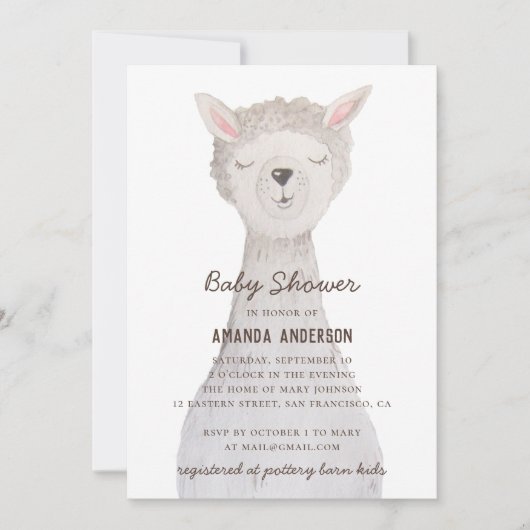 Waterverf schattige lama. Funny alpaca baby shower Kaart (Voorkant)