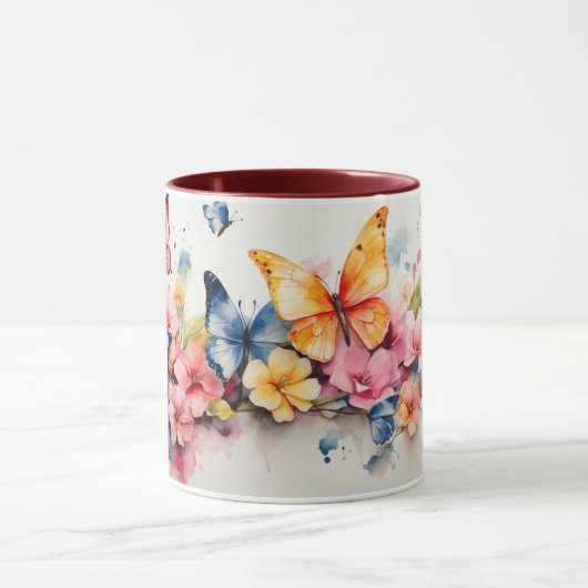 Waterverf Schattige Maroon Vlinder Bloemen Mok (Midden)