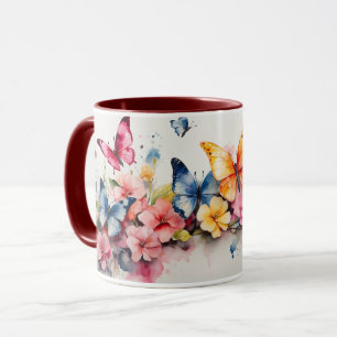 Waterverf Schattige Maroon Vlinder Bloemen Mok