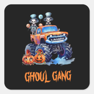 Waterverf Schattige Monster Truck Skeletten Hallow Vierkante Sticker