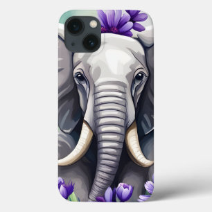 Waterverf schattige olifant en paarse bloemen Case-Mate iPhone case