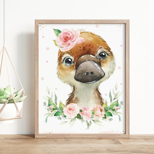 Waterverf Schattige Platypus Blush Roze Bloemenwan Poster