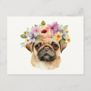 Waterverf Schattige Pugspeen met Bloemenkrans  Briefkaart