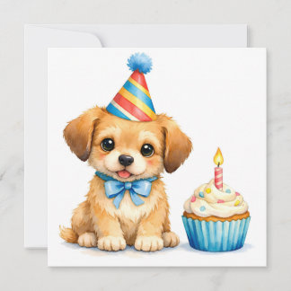 Waterverf Schattige Puppy met Verjaardag Cupcake Kaart