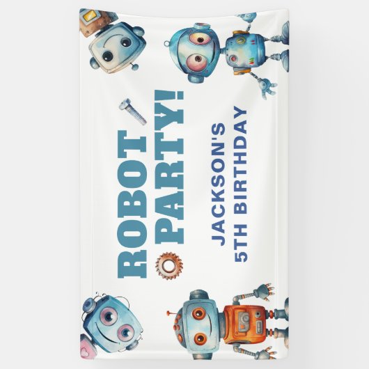 Waterverf Schattige Robot Verjaardag Spandoek (Verticaal)