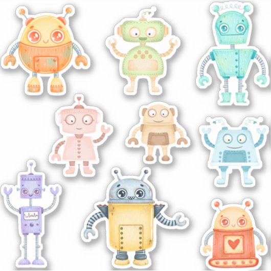 Waterverf schattige robots sticker (Voorkant)