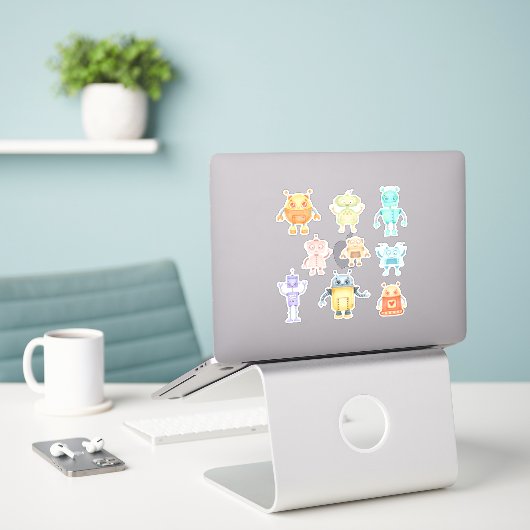 Waterverf schattige robots sticker (Laptop op bureau)