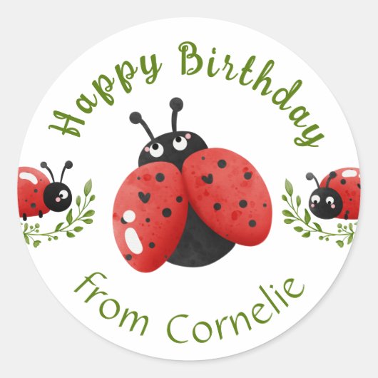 Waterverf Schattige Rood Lieveheersbeestje Happy B Ronde Sticker (Voorkant)
