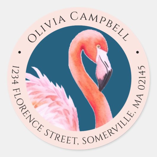 Waterverf Schattige Roze Flamingo Blauw Adres Ronde Sticker (Voorkant)