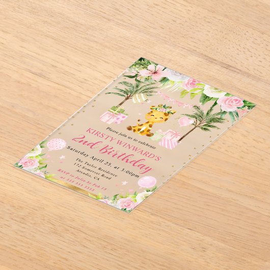 Waterverf Schattige Roze Oerwoud Giraffe Kids Verj Acryl Uitnodigingen (Laagn)