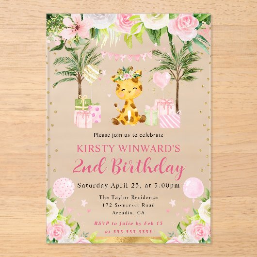 Waterverf Schattige Roze Oerwoud Giraffe Kids Verj Acryl Uitnodigingen (Voorkant)