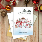 Waterverf Schattige Sneeuwman Familie Prettig Kers Feestdagenkaart