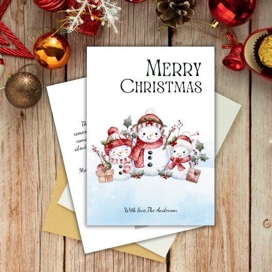 Waterverf Schattige Sneeuwman Familie Prettig Kers Feestdagenkaart