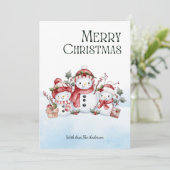Waterverf Schattige Sneeuwman Familie Prettig Kers Feestdagenkaart (Staand voorkant)