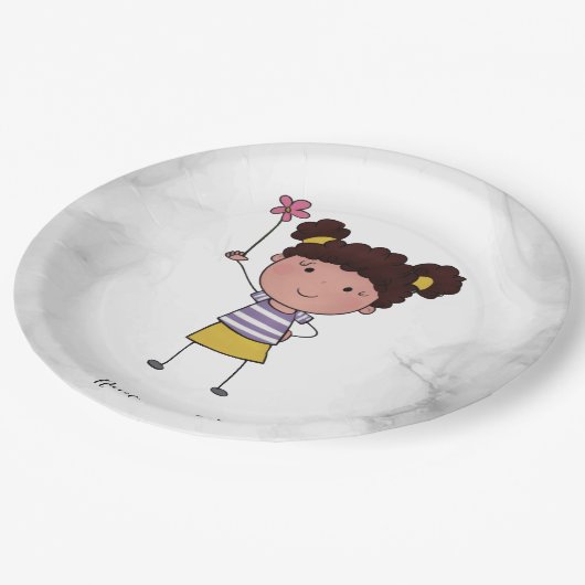 Waterverf Schattige Stick Meisje roze Bloem Mooi Papieren Bordje (Gekanteld)