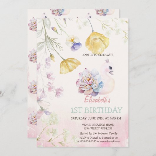 Waterverf Schattige Swan Wildflowers Verjaardag Kaart (Voorkant / Achterkant)