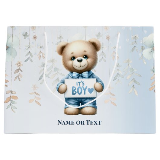 Waterverf Schattige Teddybeer Blauw Bloemen Mooi Groot Cadeauzakje (Voorkant)