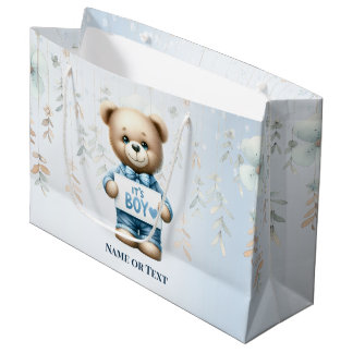 Waterverf Schattige Teddybeer Blauw Bloemen Mooi Groot Cadeauzakje