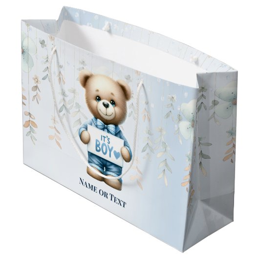 Waterverf Schattige Teddybeer Blauw Bloemen Mooi Groot Cadeauzakje (Achterkant Gekanteld)