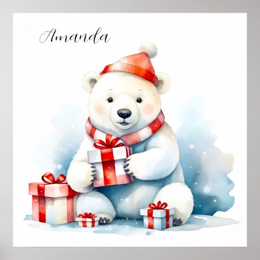 Waterverf Schattige Witte IJsbeer Kerstmis Poster (Voorkant)