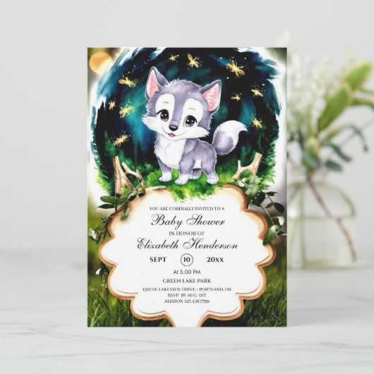 Waterverf Schattige Wolf Baby shower Kaart (Staand voorkant)