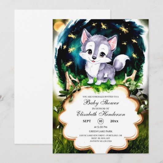 Waterverf Schattige Wolf Baby shower Kaart (Voorkant / Achterkant)
