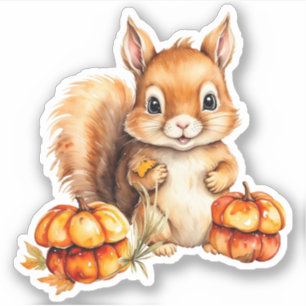 Waterverf Schattigee Baby Eekhoorn en Little Pumpk Sticker