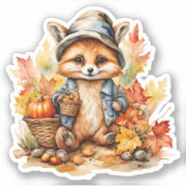 Waterverf Schattigee Baby Fox met Pet en Jas Herfs Sticker