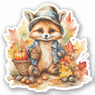 Waterverf Schattigee Baby Fox met Pet en Jas Herfs Sticker