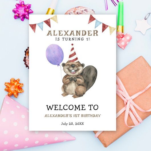 Waterverf Schattigee bever 1e verjaardag Poster