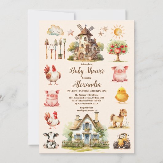 Waterverf Schattigee Boerderijdieren Barnyard Baby Kaart (Voorkant)