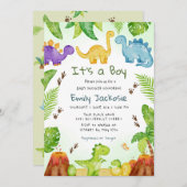 Waterverf Schattigee Boho Dinosaur Greenery Boy Ba Kaart (Voorkant / Achterkant)