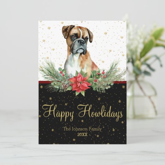 Waterverf Schattigee Boxer Dog Happy Howholidays Feestdagenkaart (Staand voorkant)