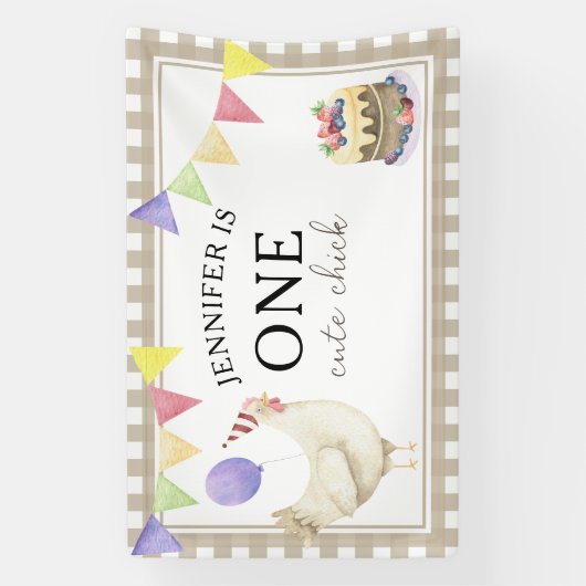 Waterverf Schattigee Chick 1e verjaardag Spandoek (Verticaal)