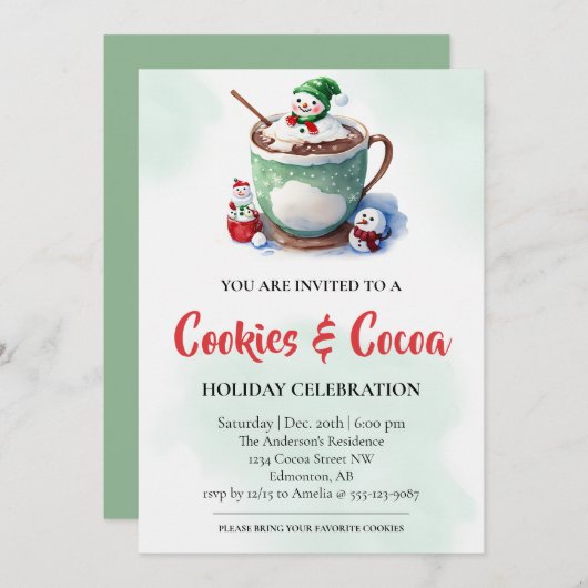 Waterverf Schattigee Cookies & Cacao Holiday Party Kaart (Voorkant / Achterkant)