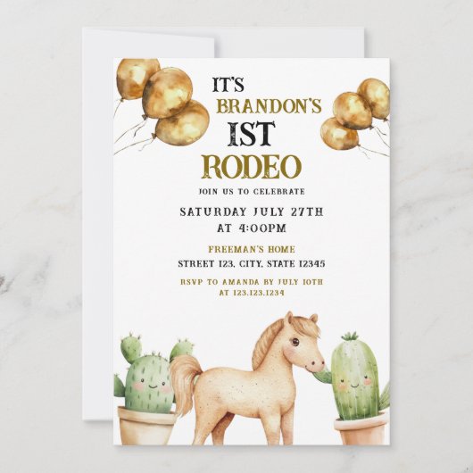 Waterverf Schattigee Cowboy 1e Rodeo Verjaardag Kaart (Voorkant)
