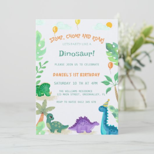Waterverf Schattigee Dinosaurus 1e Verjaardagsuitn Kaart (Staand voorkant)