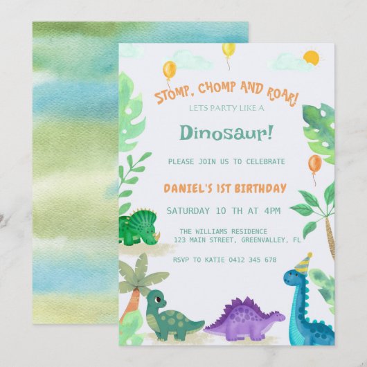 Waterverf Schattigee Dinosaurus 1e Verjaardagsuitn Kaart (Voorkant / Achterkant)