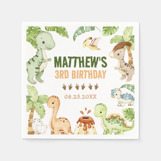 Waterverf Schattigee dinosaurus groen 3e verjaarda Servet (Voorkant)