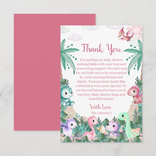 Waterverf Schattigee Dinosaurus Meisje Baby shower Bedankkaart (Voorkant / Achterkant)